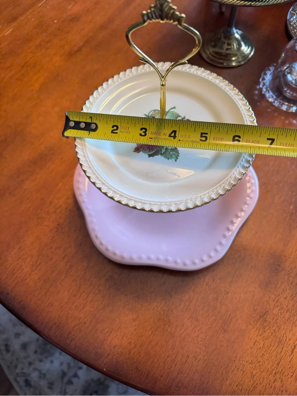 Vintage Two-Tier Serving Stand in Pink and White with Gold Handle